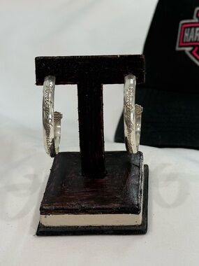 Harley Davidson Sterling Silver Hoop Earrings Script Lettering Bar/ Shield.